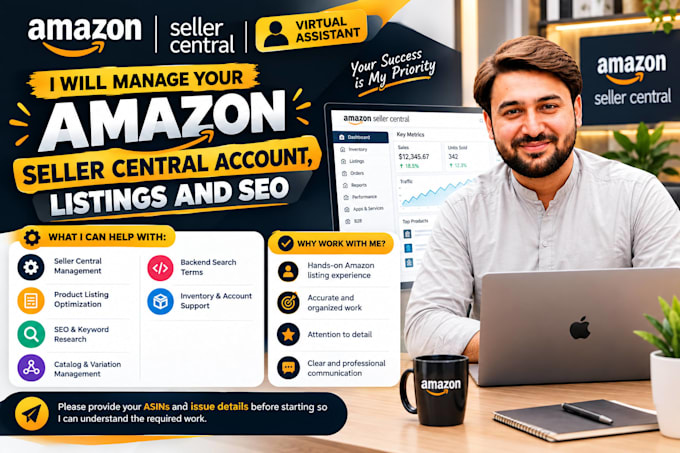 manage your amazon seller central account, listings and SEO