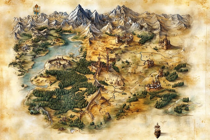 do line art fantasy map illustration