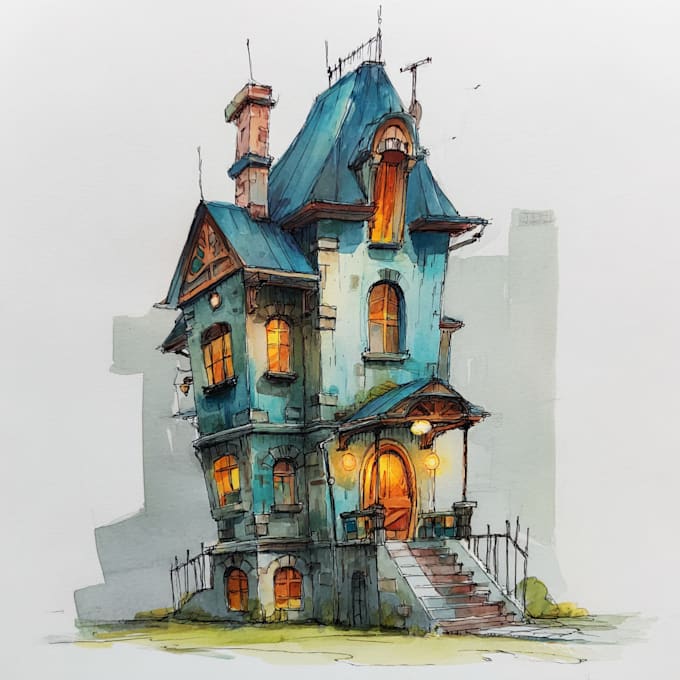 draw cartoony watercolor house