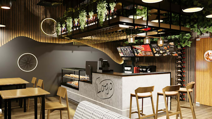 do café shop bar cafe restaurant 3d interior design 8k rendering