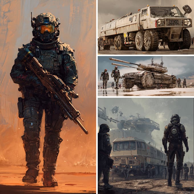 create realistic military, war, or sci fi illustrations