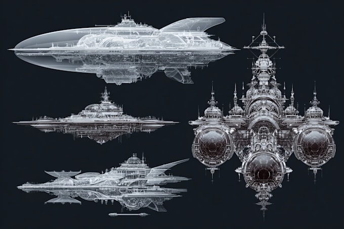 create sci fi illustrations of spaceships, ufos, or vehicles