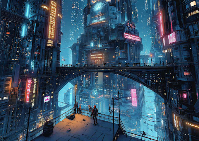 create a cyberpunk futuristic city art