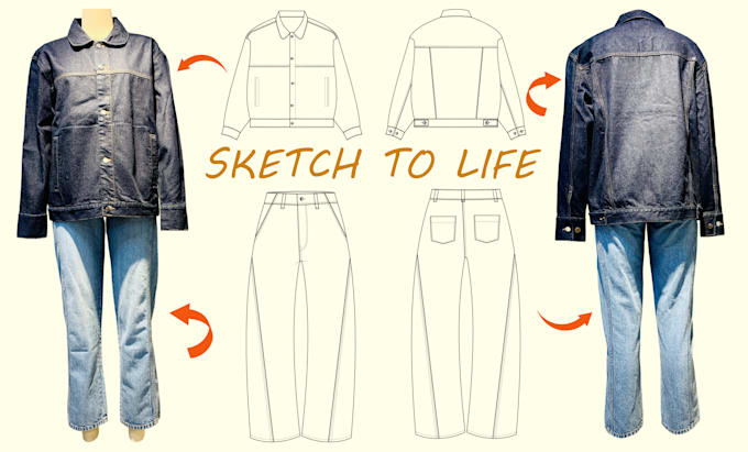 design ladies denim tech packs and technical flat sketches