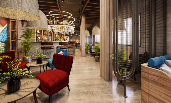 3d restaurant interior, 3d cafe design, luxury bar, kitchen layout, kiosk render