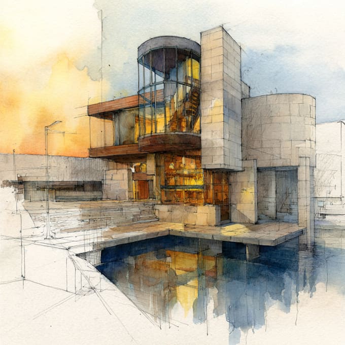 sketch architecture building with watercolor rendering