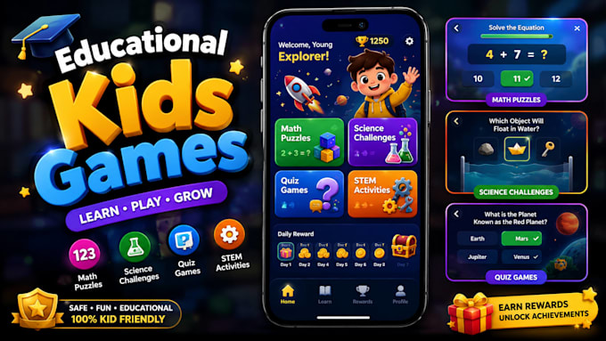 develop fun educational kids games, quiz games, math, science and stem games