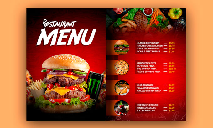 design a professional restaurant branding, food menu, and food poster
