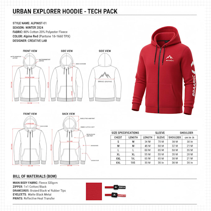do creative clothing tech pack, streetwear, tshirt, activewear for production