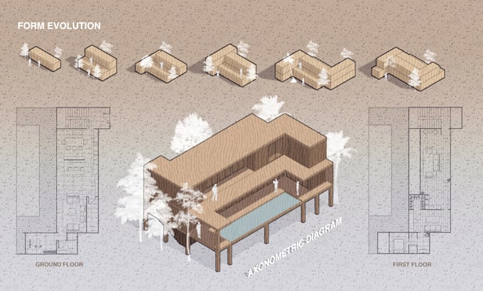 architectural axonometric diagram, concept collage or poster