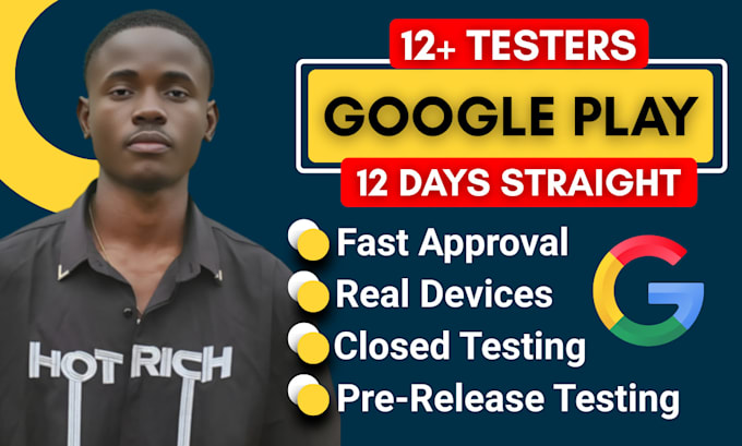 provide 12 google play app testers for beta testing and app store publishing
