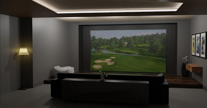build 3d golf simulator room,virtual golf setup,sport center interior,cgi arena