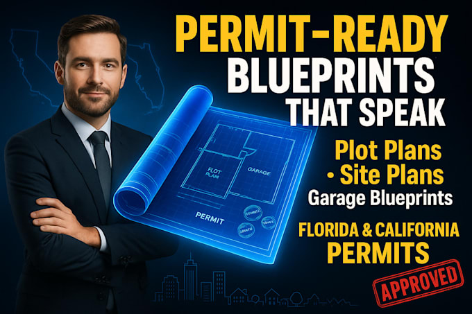 design plot plan, site plan, garage plan, blueprint for permit in florida, ca