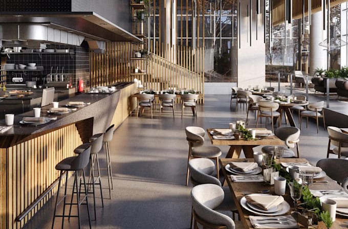 elevate 3d coffee shop, interior restaurant design,cafe,bar,loudge,3d rendering
