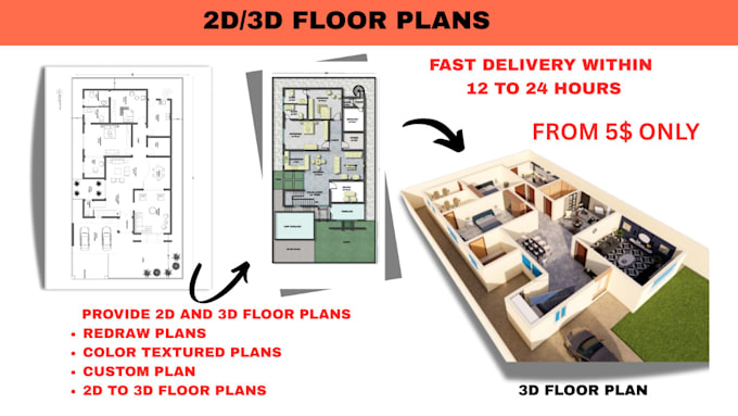 redraw floor plan with 3d plan in just 24 hours