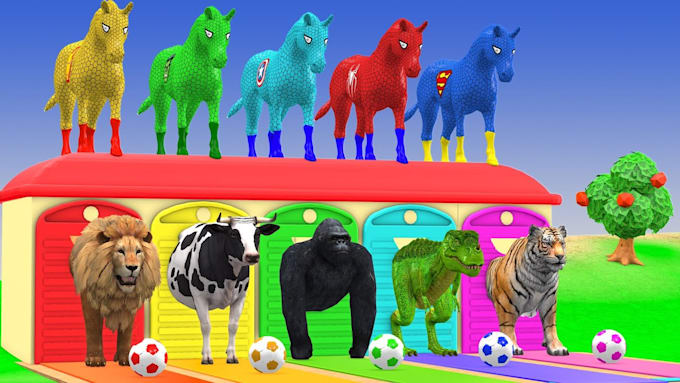 create 3d cartoon crossing fountain with animals for kids