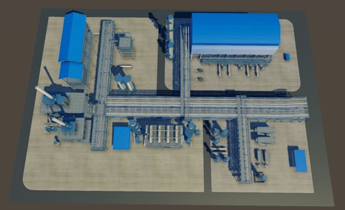 3d functional factory layout, machine space, storage yard, load docks ...