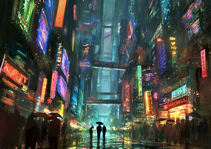 design a cyberpunk futuristic city art