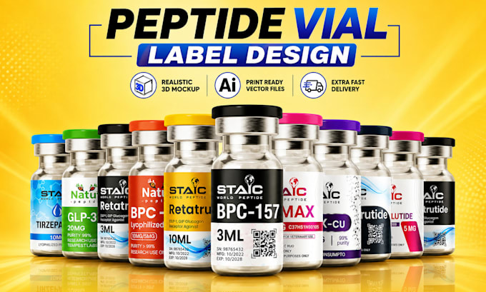 design peptide label, vial label, product label, and 3d mockup
