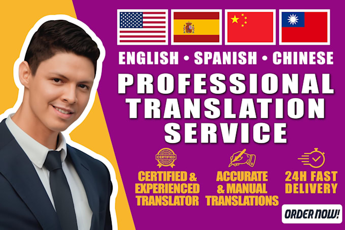 provide professional english, spanish, and mandarin chinese translations