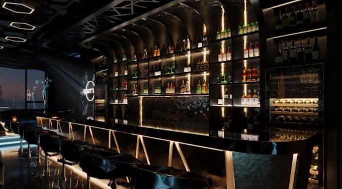 build 3d interior bar restaurant,3d lighting effect, cafe,3d nightclub,3d render