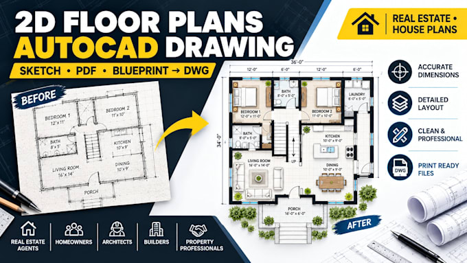 draw 2d floor plans, redraw sketches and PDF to autocad dwg