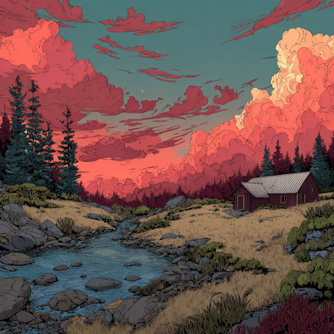 draw landscape illustration in colored