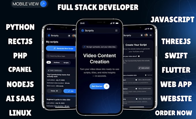 create python scripts software automation, ai saas mobile app, php react, nodejs