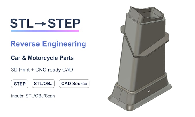 reverse engineer automotive or industrial parts stl to step, cnc and 3d print