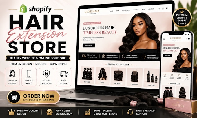 design shopify hair extension store, hair extension website and beauty website