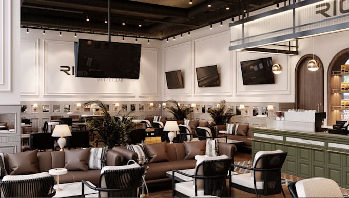 renovate 3d restaurant interior design, hotel lobby, bar render, food corner,cgi