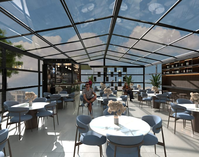 Visualize container restaurant,glass exterior,rooftop bar, outdoor ...