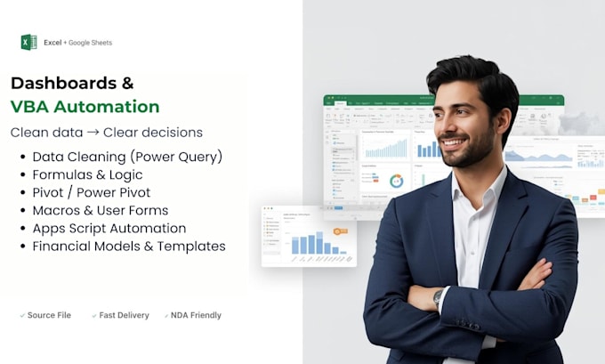 do excel dashboards, excel vba, excel formulas, macros and google sheets