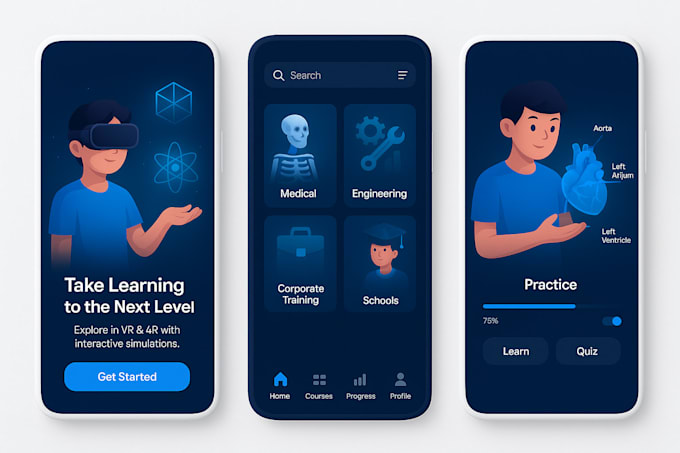 develop vr and ar elearning app with courses, quizzes, and progress tracking