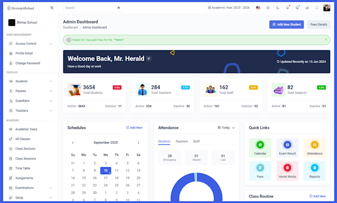 provide a full school management system with custom features