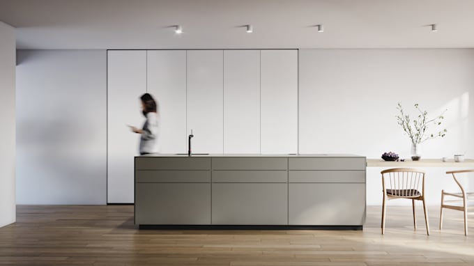 create a realistic 3d rendering for kitchen design