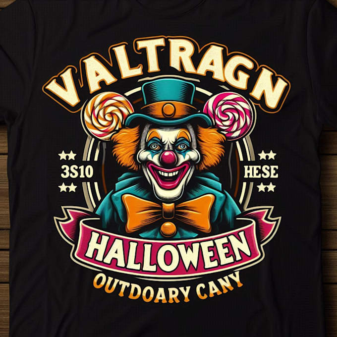 make a vintage halloween tal outdoor candy clown logo mascot  t shirt design