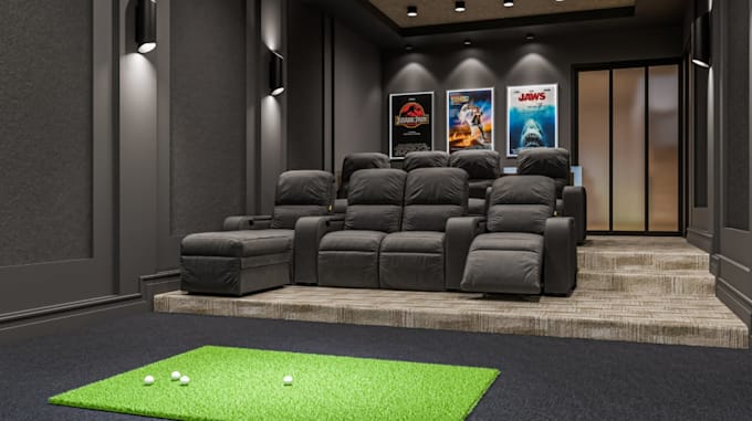 design 3d golf simulator room, fitting studio, lounge design, golf club render