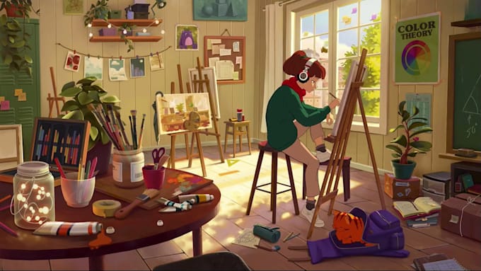 make aesthetic lofi loop animation, 2d music video, image animation, lofi girl