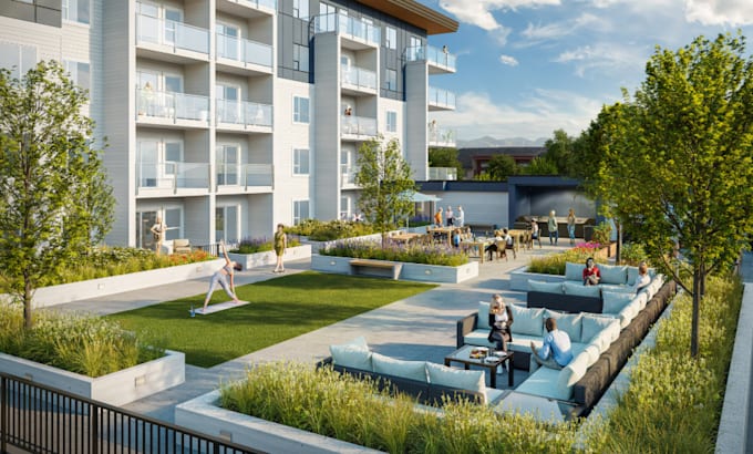 Design 3d residential community courtyard, outdoor amenities, rooftop ...