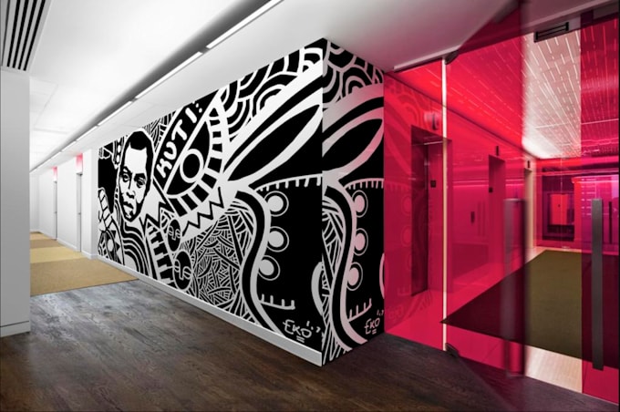 create modern mural design, doodle art, wall decal, and professional typography