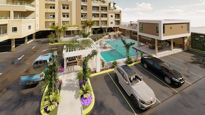 renovate exterior residence apartment,pool side render, patio space,driveway cad