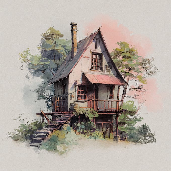 draw house illustration watercolor style