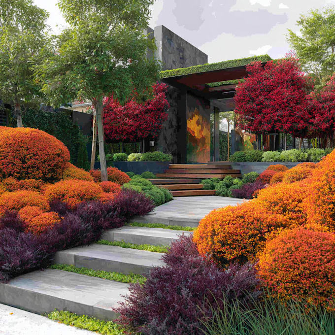 draw a realistic landscape design, garden pool patio