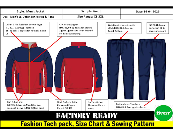 create  clothing tech pack, size chart, sewing pattern