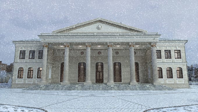 redesign 3d snowy temple,greek revival,pillared facade,historic house,cgi render