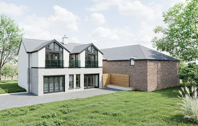 create realistic farmhouse exterior and interior renderings