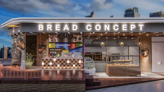 bakery renovation design,storefront exterior,cafe interior,street shop rendering