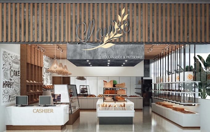 redesign modern 3d bakery, cookie, pastry shop interior, restaurant, cgi render