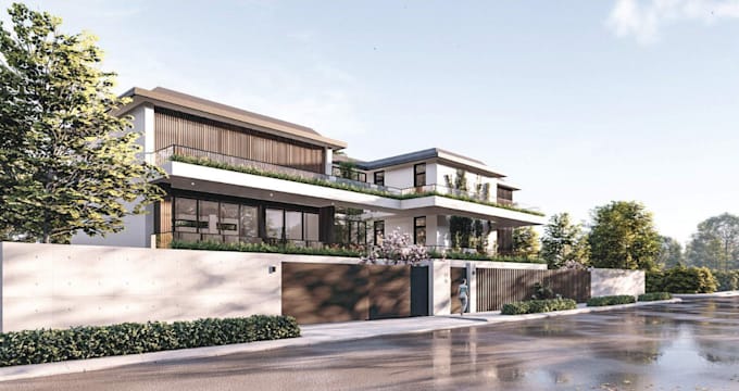 3d minimalist cozy apartment, facade exterior,3d elevation, cgi interior,hallway